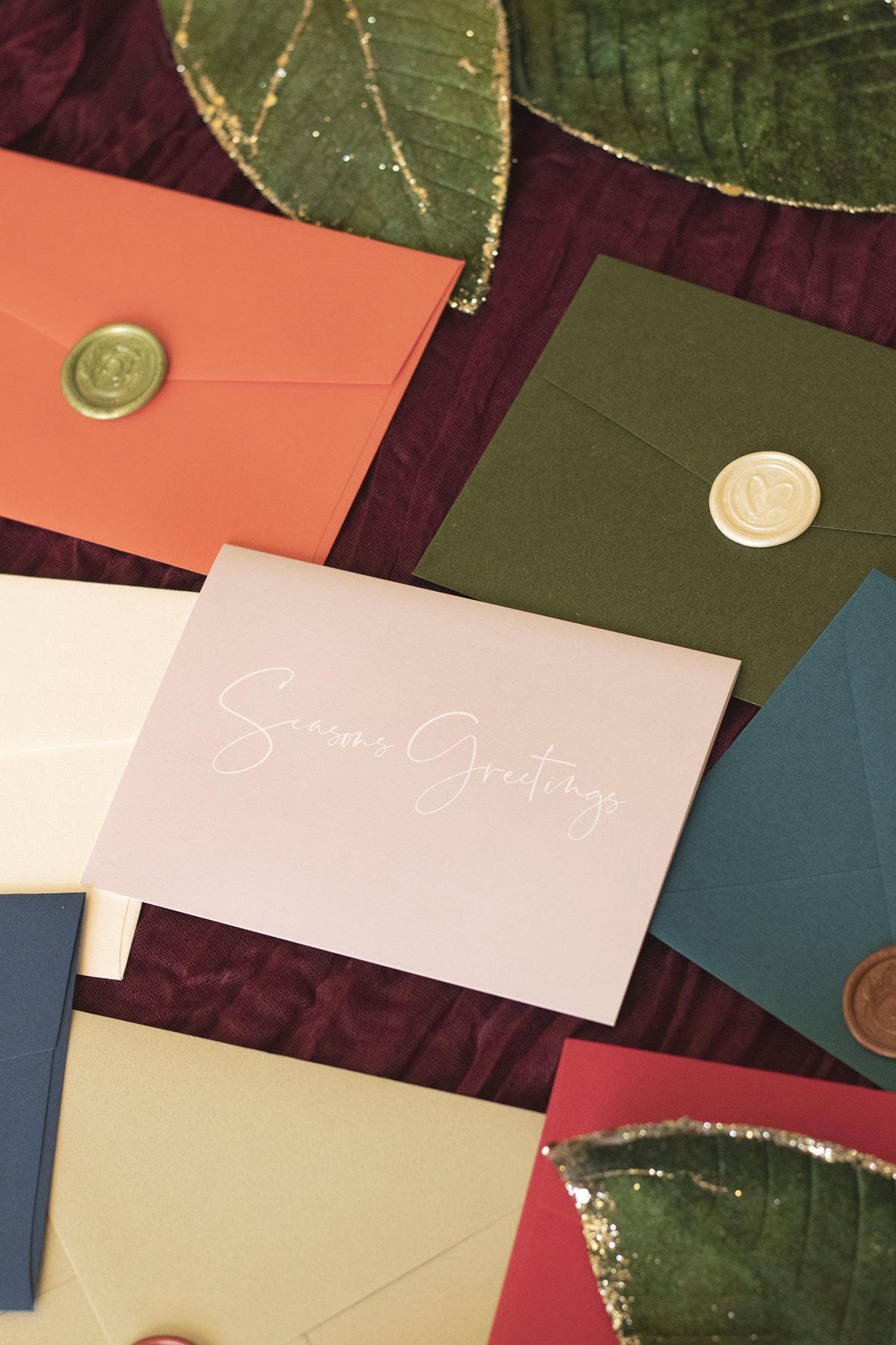 Seasons greetings card for Christmas with textured premium envelopes with wax seals