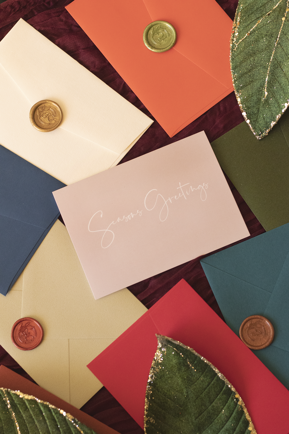 Seasons greetings card for Christmas with textured premium envelopes with wax seals