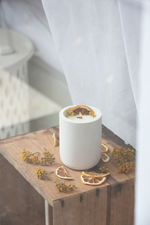Load image into Gallery viewer, gift set for candle lovers. wood wick candles in concrete candle jar with dehydrated fruit and flowers perfect gift for birthday and christmas gifts
