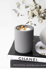 Load image into Gallery viewer, vanilla candle, wood wick, gift ideas, concrete candles, house warming gift, luxury candles, pretty candles, grey candle, wood wick candle, candles
