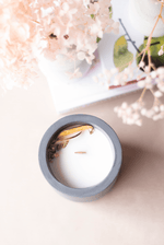 Load image into Gallery viewer, peach candle, wood wick, gift ideas, concrete candles, house warming gift, luxury candles, pretty candles, grey candle, home decor, vegan candles, coconut wax candle, wood wick candle, candles
