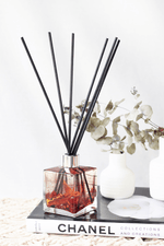 Load image into Gallery viewer, reed diffuser, pomegranate scented, pomegranate, diffuser, fruity scent, floral diffuser, gift ideas, home decor, fresh scent
