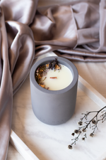 Load image into Gallery viewer, Japanese Honeysuckle candle, wood wick, gift ideas, concrete candles, house warming gift, luxury candles, pretty candles, wood wick candle, candles, grey concrete candle
