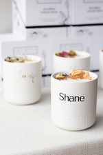 Load image into Gallery viewer, Personalised wood wick ceramic candles in white. Customise your wood wick candle with personalised names. Luxury scented candles
