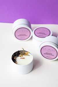 ‘Sensory Collection’ is our miniature wood wick candle range. Mini travel tin wood wick candle with dehydrated botanicals aesthetics. Fresh, fruity and floral scented candle for gift or home decor or home fragrances. Japanese Honeysuckle candle