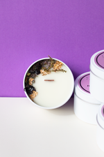 Load image into Gallery viewer, Japanese Honeysuckle sensory mini travel tin wood wick candle with dehydrated botanicals. Fresh, sweet, fruity and floral scented candle for gift or home decor or home fragrances
