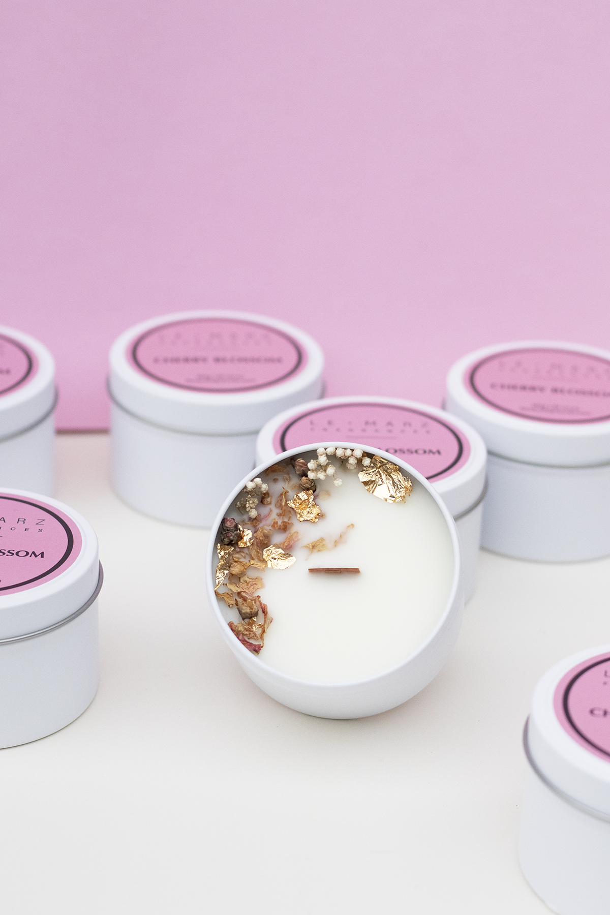 ‘Sensory Collection’ is our miniature wood wick candle range. Mini travel tin wood wick candle with dehydrated botanicals aesthetics. Fresh, fruity and floral scented candle for gift or home decor or home fragrances. Cherry Blossom candle