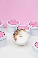Load image into Gallery viewer, ‘Sensory Collection’ is our miniature wood wick candle range. Mini travel tin wood wick candle with dehydrated botanicals aesthetics. Fresh, fruity and floral scented candle for gift or home decor or home fragrances. Cherry Blossom candle
